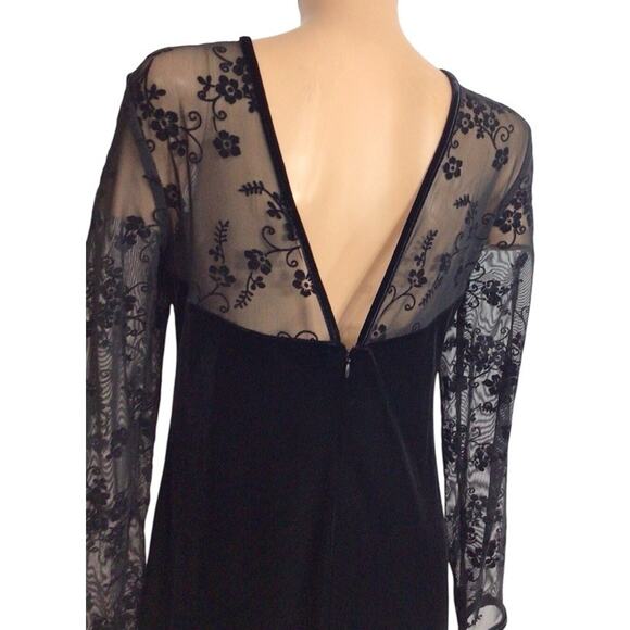 Vtg Y2K Black Velvet Maxi Dress Mesh Bodice Sleeve Whimsigoth Y2K Vampire Floral - Picture 4 of 16